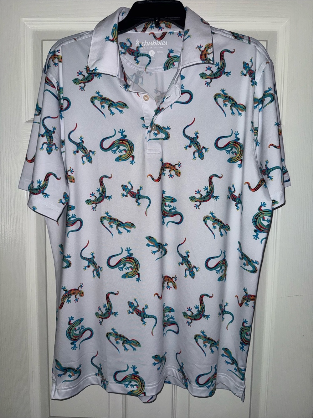 Men’s Chubbies Performance Polo with Multicolor Gecko Print Size Large